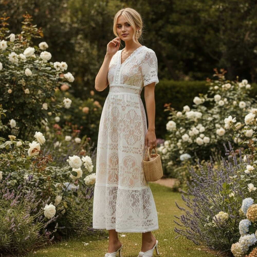Lace midi dress- Smoked waistband, crochet lace trim - Picture 2 of 4